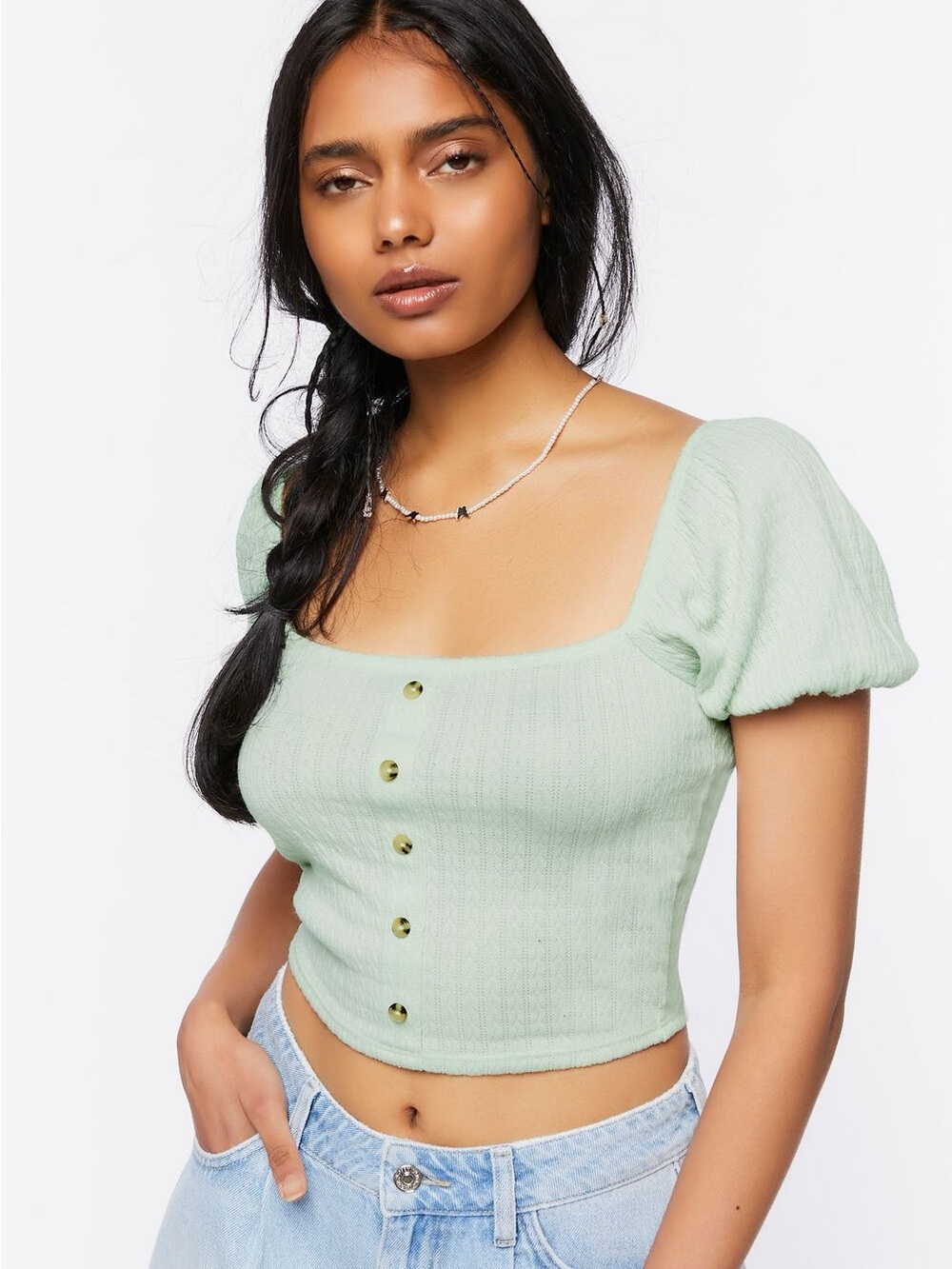 Forever 21 Mint Puff-Sleeve Square-Neck Crop Top Mint Green